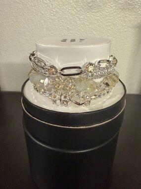 Crystal and Silver Stretch Bracelet Set - Champagne and Silver